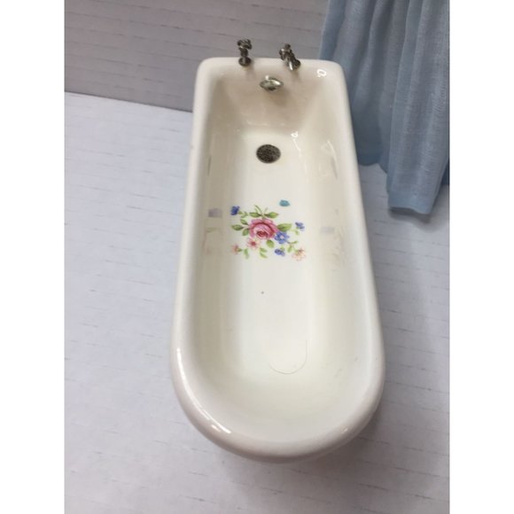 Dollhouse Porcelain Bathroom Tub Sink Toilet Curtains Miniature Set Floral Vtg - Picture 4 of 10